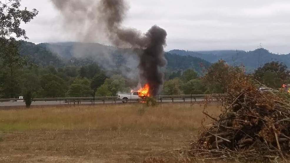 power utility truck catches fire